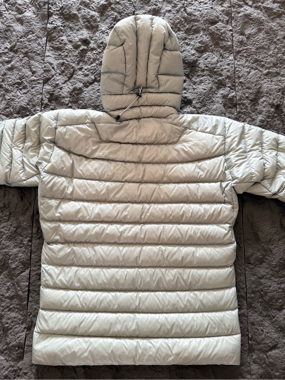 Arc'teryx Light Gray Hooded Down Puffer with Orange Trim - Picture 2 of 9